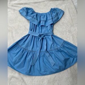 Wedgewood Blue Off Shoulder / Scoop Neck Belted Midi Dress